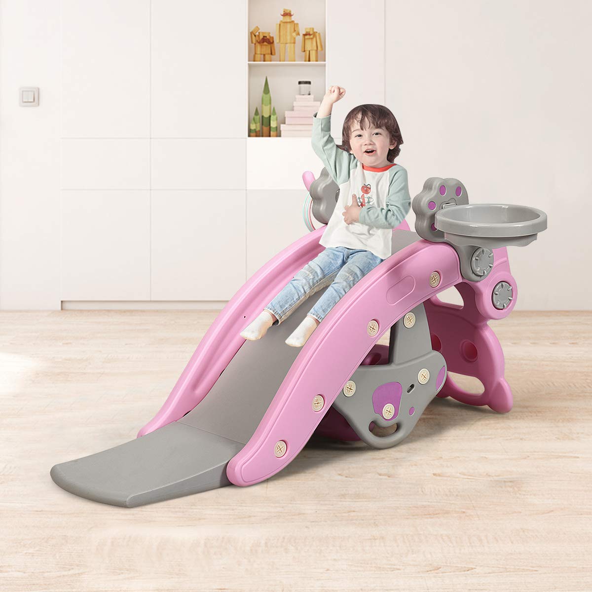 Lunavelo™ 5-in-1 Kids Slide & Rocking Climber – Foldable Toddler Playset with Basketball Hoop, Ring Toss Game & Indoor Outdoor Activity Center