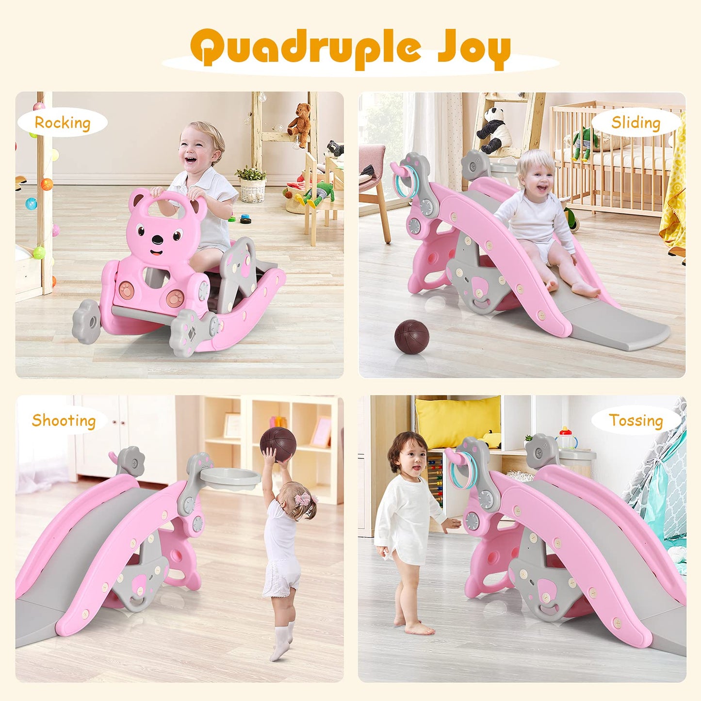 Lunavelo™ 5-in-1 Kids Slide & Rocking Climber – Foldable Toddler Playset with Basketball Hoop, Ring Toss Game & Indoor Outdoor Activity Center
