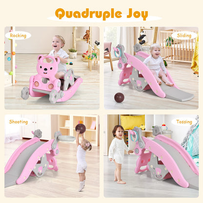 Lunavelo™ 5-in-1 Kids Slide & Rocking Climber – Foldable Toddler Playset with Basketball Hoop, Ring Toss Game & Indoor Outdoor Activity Center